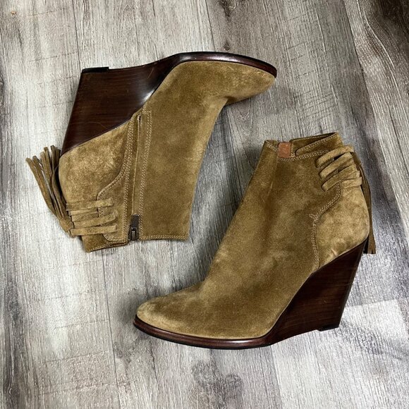 Frye Cece Tassel Lace Wedge Stack Heel Ankle Boots Brown Women’s Size 8.5 - Picture 1 of 11
